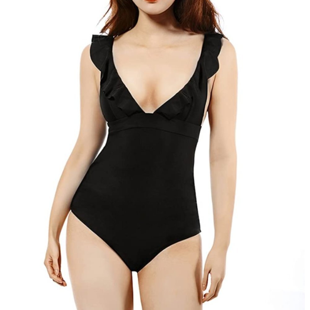 NWOT Soyml black ruffle one piece lace-up swimsuit